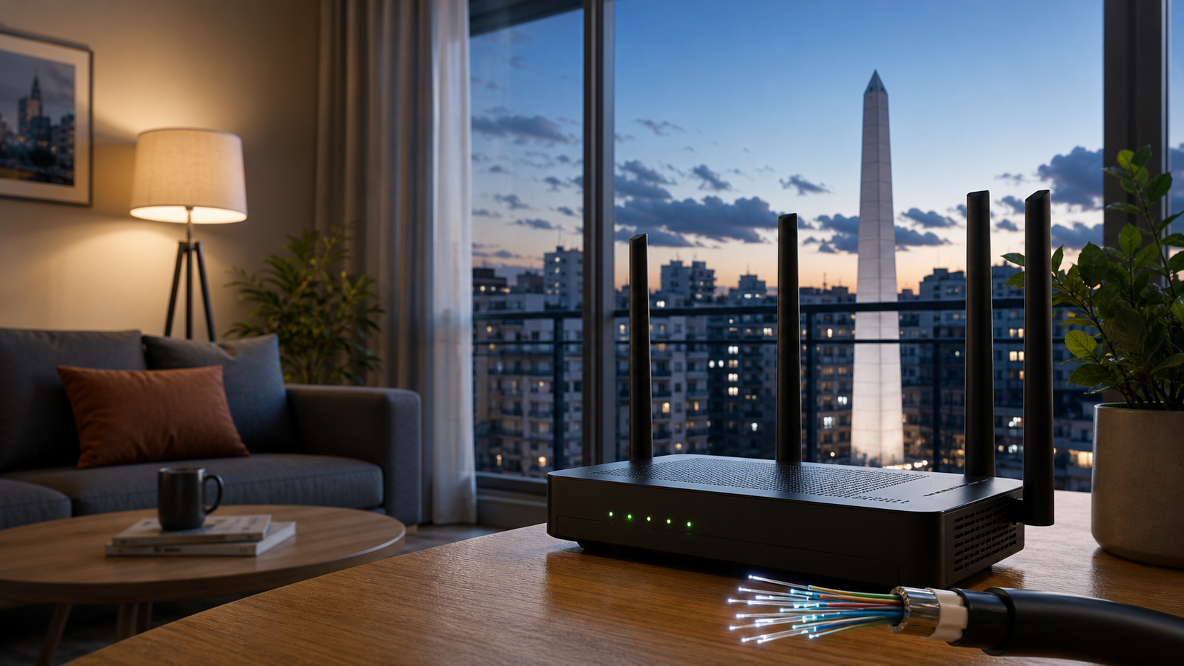 Router de fibra en un departamento de Buenos Aires al atardecer